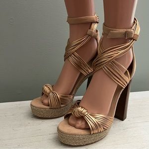 John Vince Camuto Metallic Chunky Platform Espadrille Wrap Ankle Heels S…